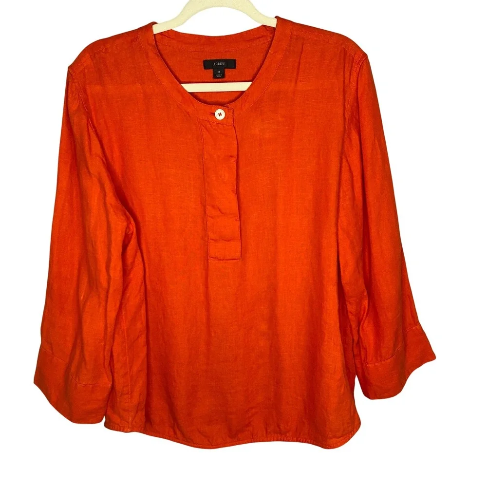 J.Crew Womens Orange 100% Linen Band Collar 3/4‎ Sleeve Tunic Blouse Medium